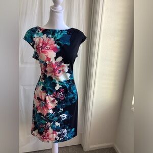 London Times Black and Pink Floral Midi Dress